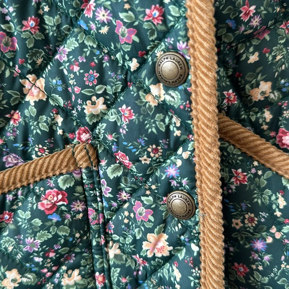 Ralph Lauren Green Floral Quilted Hooded Jacket with Tan Trim